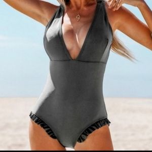 NWT Gray swimsuit with ruffled bottom
